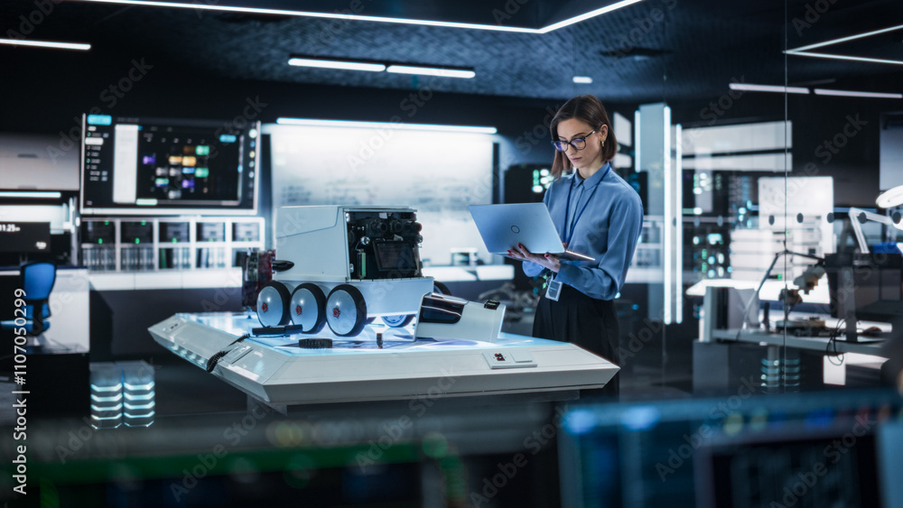 Aufkleber Portrait of a Female Engineer Using a Laptop While Developing a Remotely Controlled Delivery Robot.Technical Specialist Working in High Tech Research Laboratory with Modern Equipment