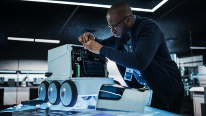 Portrait of an African Engineer Using a Screwdriver While Developing a Remotely Controlled Delivery Robot. Black Specialist Working in High Tech Research Laboratory with Modern Equipment