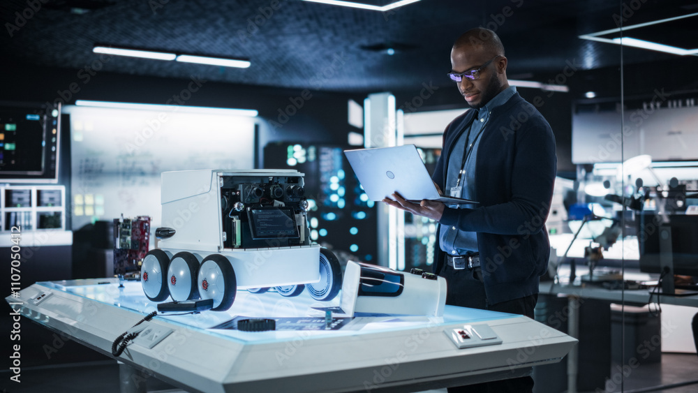 Poster Portrait of an African Engineer Using a Laptop Computer to Write a Report on Delivery Robot Prototype in a Research Laboratory. Young Black Quality Assurance Specialist Reporting Bugs in Code
