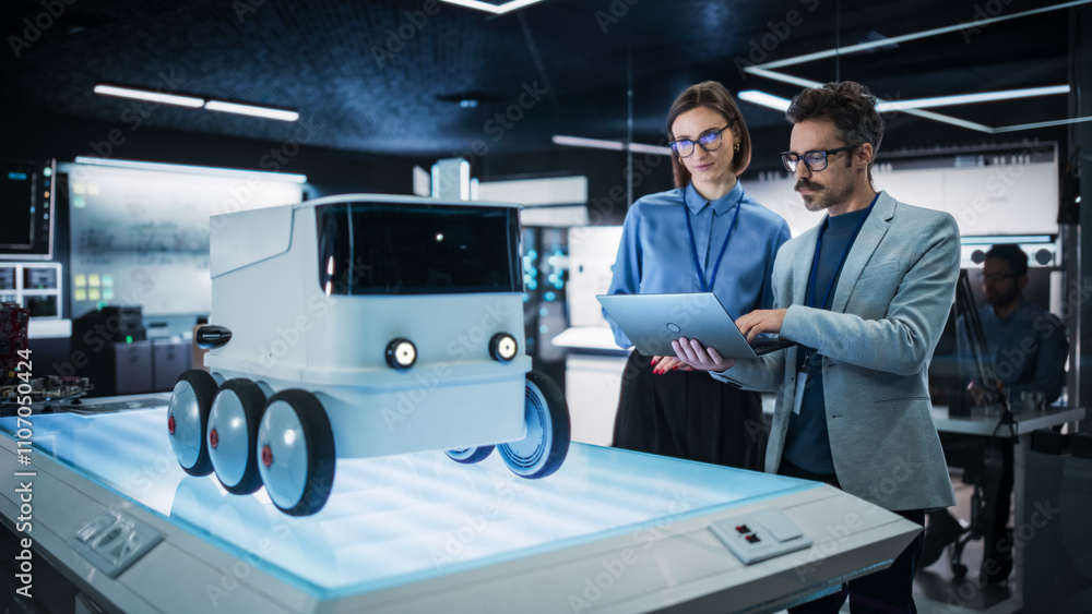 Poster portrait of two colleagues working in a research facility, using laptop computer to develop a futuri