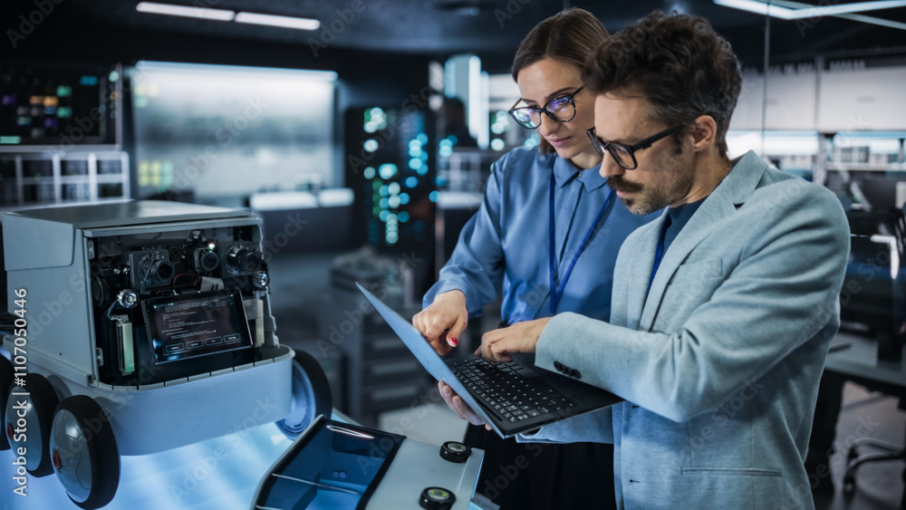 Aufkleber portrait of male and female engineers developing a remotely controlled robot in an industrial resear