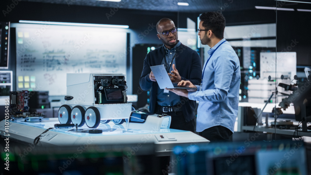 Aufkleber Portrait of Two Diverse Male Engineers Developing a Remotely Controlled Robot in an Industrial Research Facility. Specialists Using Laptop Computer, Working on Machine Improvement, Brainstorming 