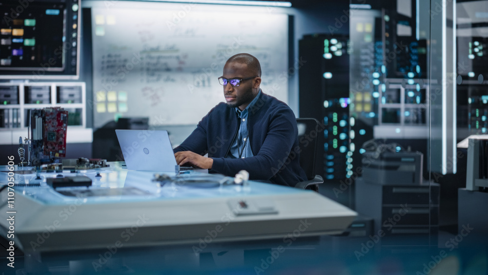 Leinwandbilder portrait of an african male specialist using laptop computer to improve electronic circuit board in 