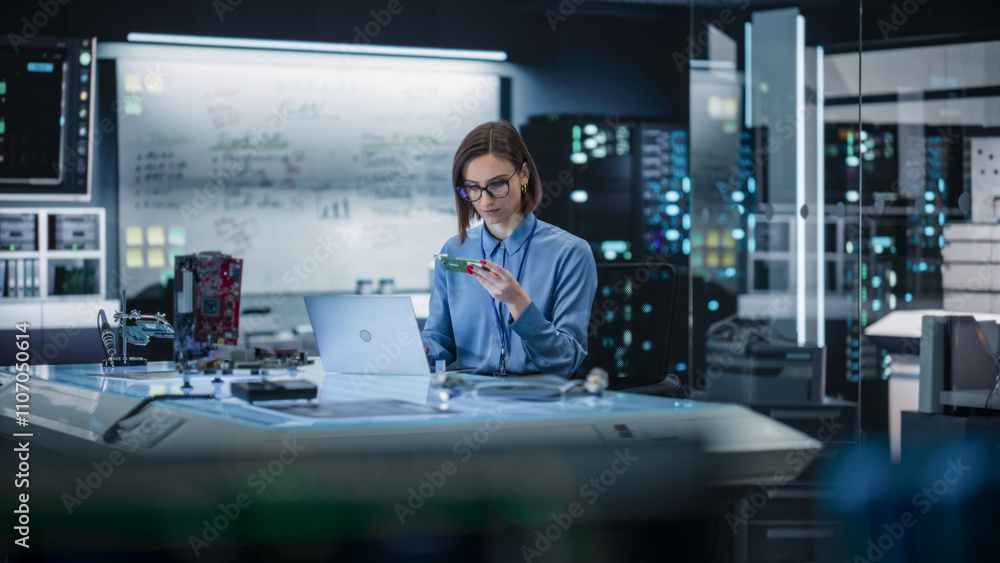 Leinwandbilder portrait of female specialist using laptop computer to improve electronic circuit board in modern of