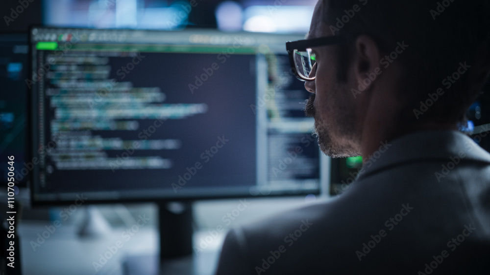 Aufkleber Close Up on Young Creative Manager Using Desktop Computer, Writing Code for an Innovative Technological Internet Product Launch. Enthusiastic Professional Developer Working in Modern Office 