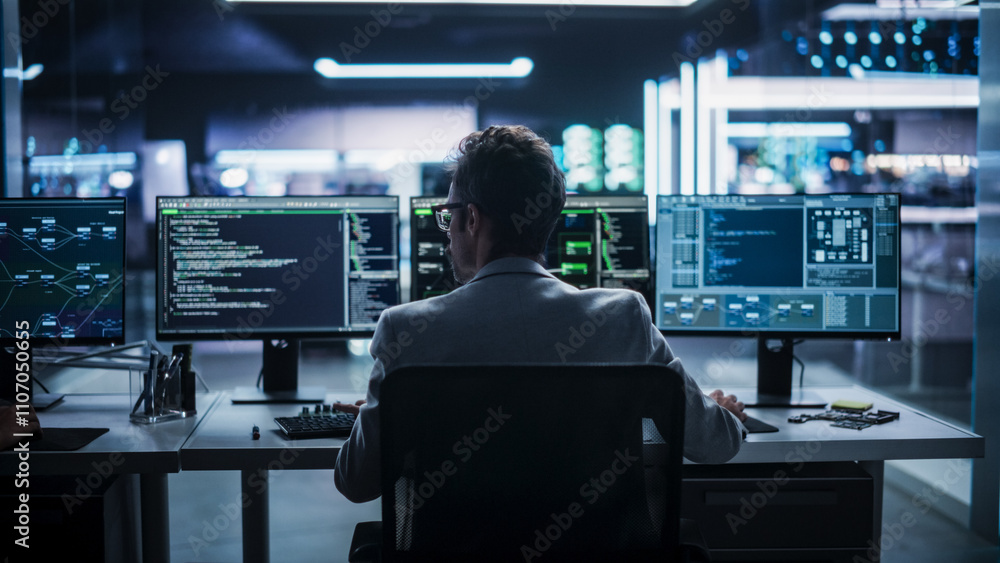 Fototapete Back View of a Young Engineer Working on Computer in a Technological Office Environment. Male Programmer Writing Software Code for a Blockchain Project, Developing Backend System