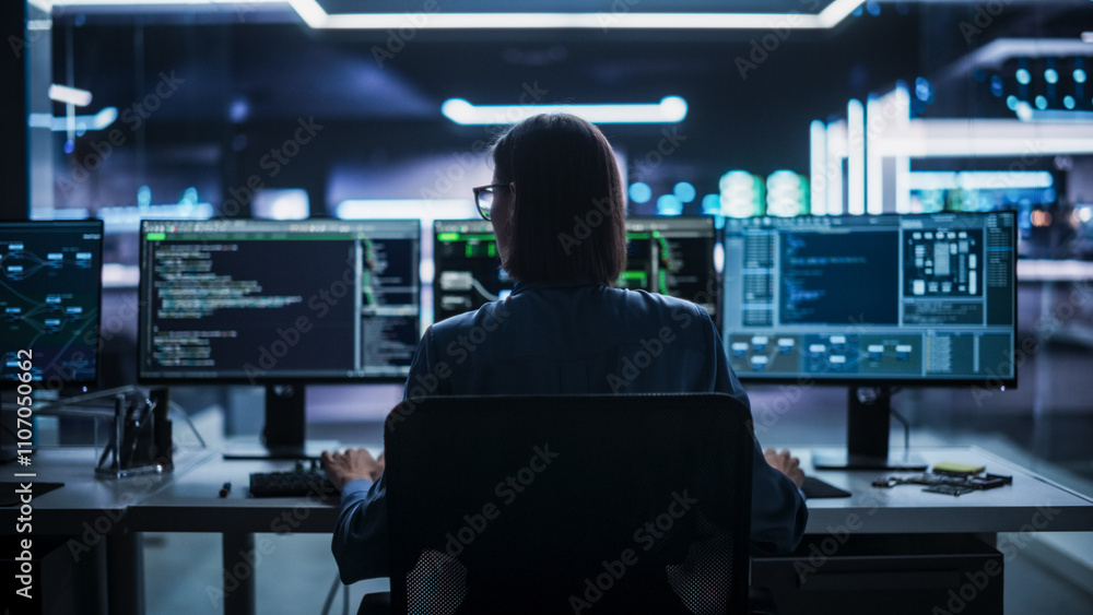 Aufkleber Back View of Female Telecommunications Manager Working in Research and Development Facility on a Desktop Computer in Modern Office. Focused Software Engineer Updating Server System Database