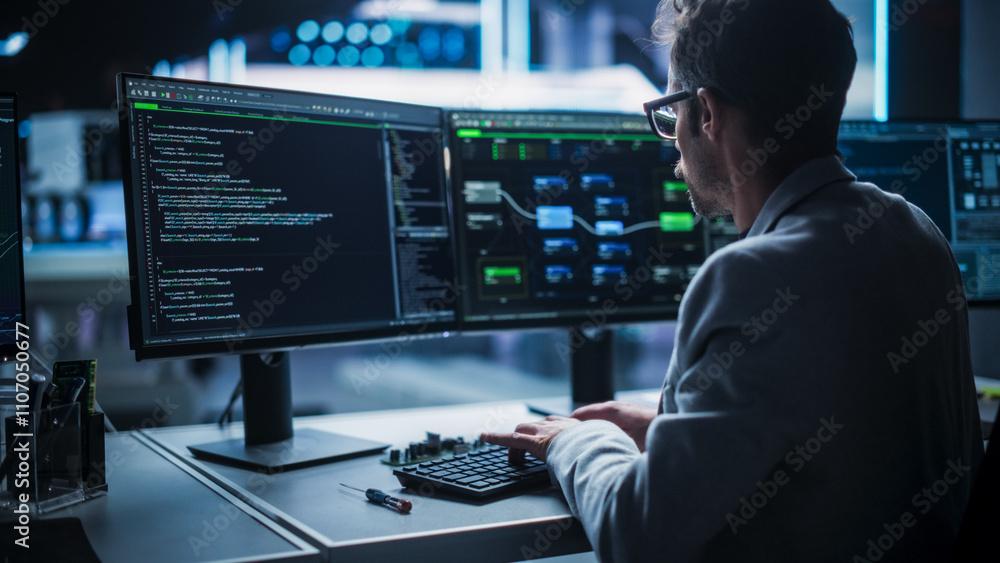 Aufkleber Back View of a Young Engineer Working on Computer in a Technological Office Environment. Male Programmer Writing Software Code for a Blockchain Project, Developing Backend System