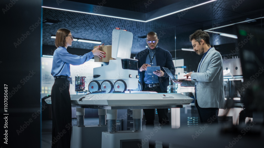 Poster Diverse Team of Industrial Specialists Working on Remotely Controlled Mobility Robot in a Research Facility. Engineer Testing the Parcel Compartment of the Delivery Machine with Self-Driving Autopilot