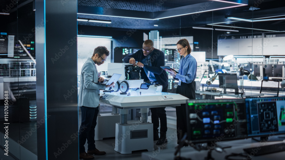 Aufkleber Industrial Robotics Specialists Working on a Mobile Robot, Using a Tablet Computer and Laptop. Black Male Engineer In a Lab Discussing an Automated AI Robotic Delivery Assistant with His Young Team