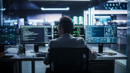 Back View of a Young Engineer Working on Computer in a Technological Office Environment. Male...