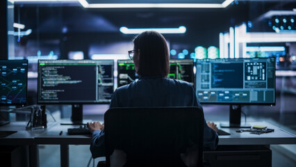 Back View of Female Telecommunications Manager Working in Research and Development Facility on a...