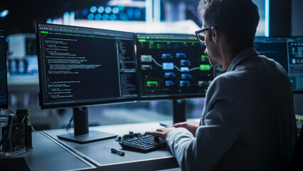 Back View of a Young Engineer Working on Computer in a Technological Office Environment. Male...