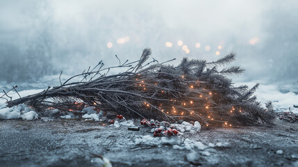 Discarded Christmas Tree on Snowy Ground with Faint Glowing Lights