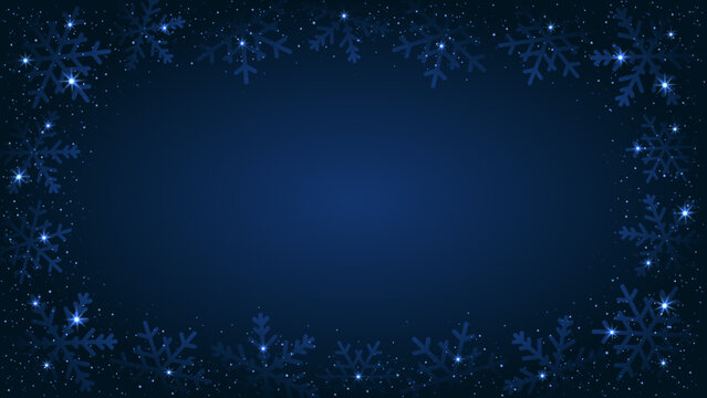 Christmas frame with snowflakes decorated small sequins and lights. Navy winter background