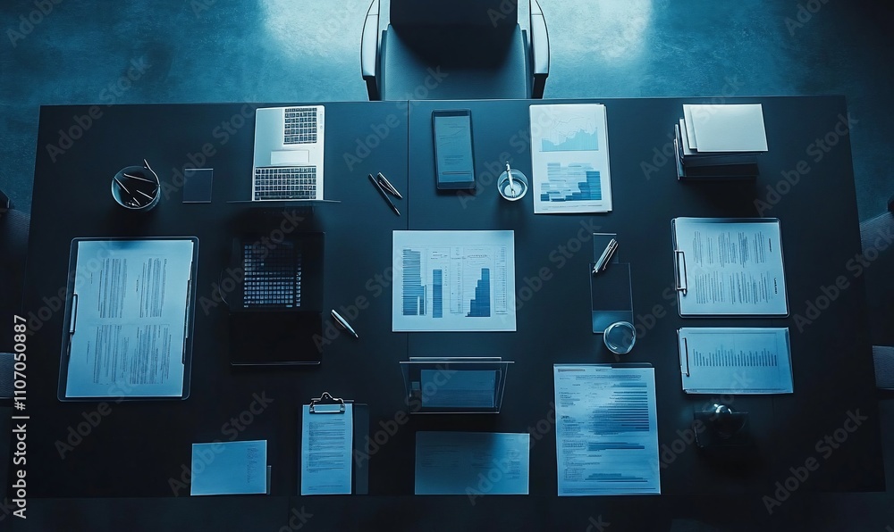 Poster a modern workspace with documents, charts, and devices for analysis.