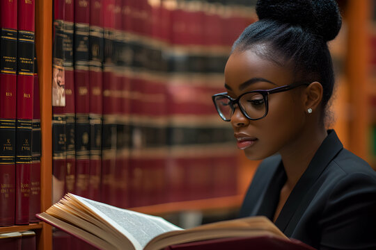 Woman Reading Book in Library,  A Focused Student Studying Law Books, Immersed in Knowledge, Achieving Academic Success.