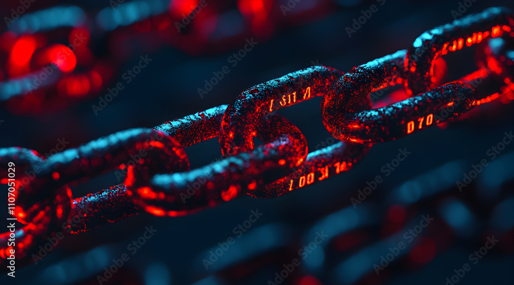 Poster a close-up of metallic chains illuminated with red light, showcasing intricate details and a dark ba