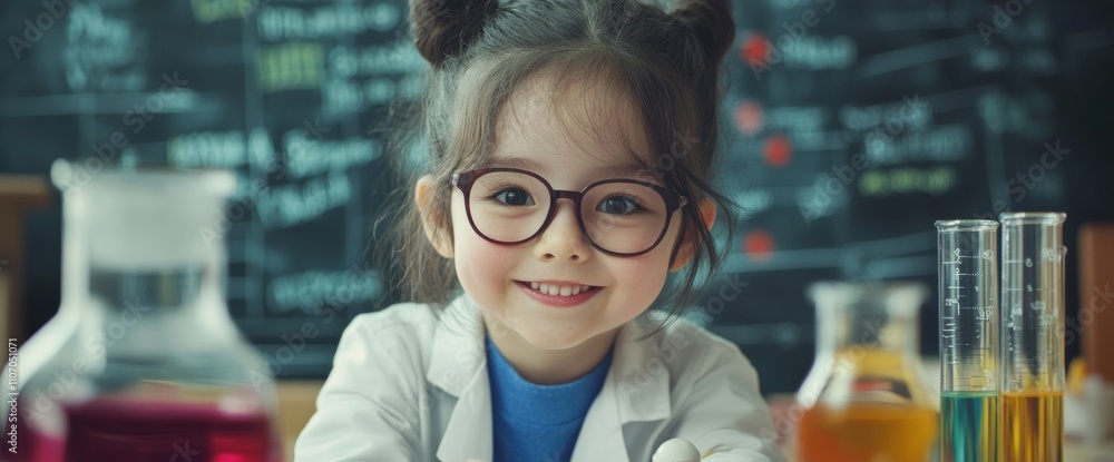 Poster a cheerful girl in a lab coat and glasses smiles at the camera while working with various colorful l