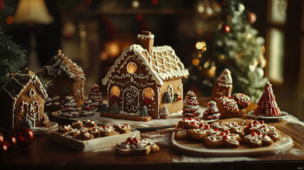Festive Gingerbread House and Christmas Treats with Warm Holiday Lights