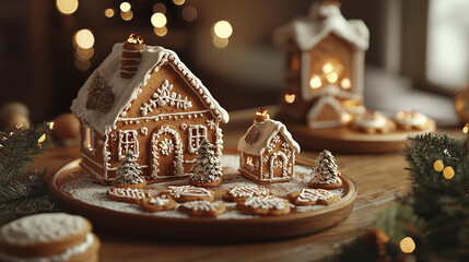 Festive Gingerbread House and Christmas Treats with Warm Holiday Lights