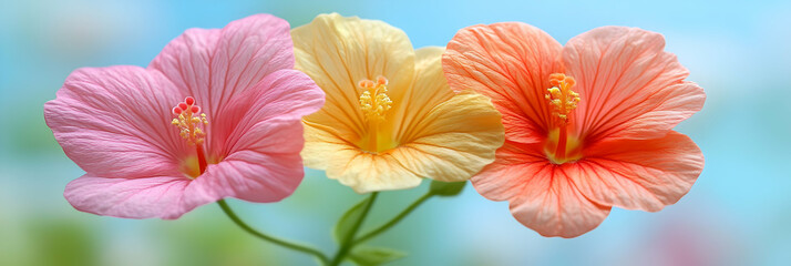 Obraz premium Pastel Hibiscus Blossoms, Delicate Flowers Against a Soft Blue Background
