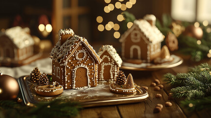 Festive Gingerbread House and Christmas Treats with Warm Holiday Lights