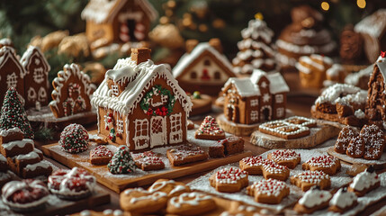 Festive Gingerbread House and Christmas Treats with Warm Holiday Lights