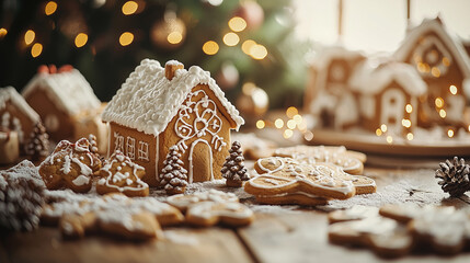 Festive Gingerbread House and Christmas Treats with Warm Holiday Lights