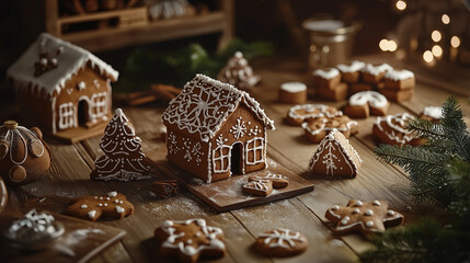 Festive Gingerbread House and Christmas Treats with Warm Holiday Lights