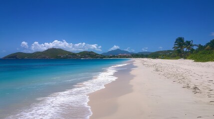 Fototapeta premium A serene beach scene with clear waters, soft sand, and lush greenery under a bright blue sky.