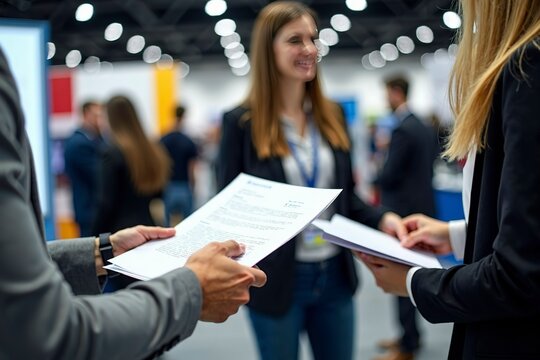 Job seekers actively engaging with recruiters at a bustling career fair, showcasing determination and eagerness in their pursuit of professional opportunities.