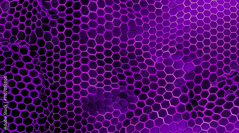 Poster medical or tech dark background with purple hexagon abstract pattern and bright flare. realistic 3d 