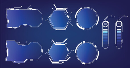 Frames HUD futuristic style.Virtual interface vector set with panels and hologram window or display.digital technology on a dark blue background.