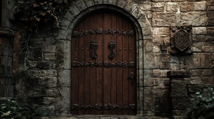 Wooden door with wrought iron details in stone wall 16