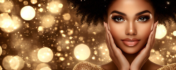 Fototapeta premium Golden Sparkle, A Woman's Portrait against a Shimmering Background