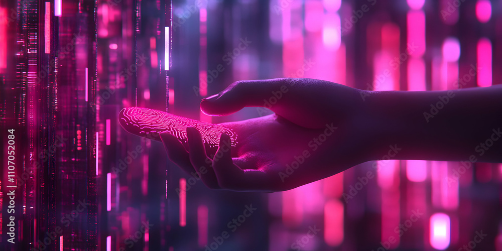 Aufkleber digital fingerprint, a hand interacts with glowing neon data stream in abstract background
