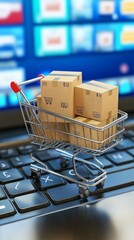 Blue Shopping cart and product boxes placed on laptop computer represent online shopping concept, website, e-commerce, marketplace platform, AI Generative
