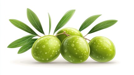 Obraz premium Fresh green olives with leaves and water droplets.