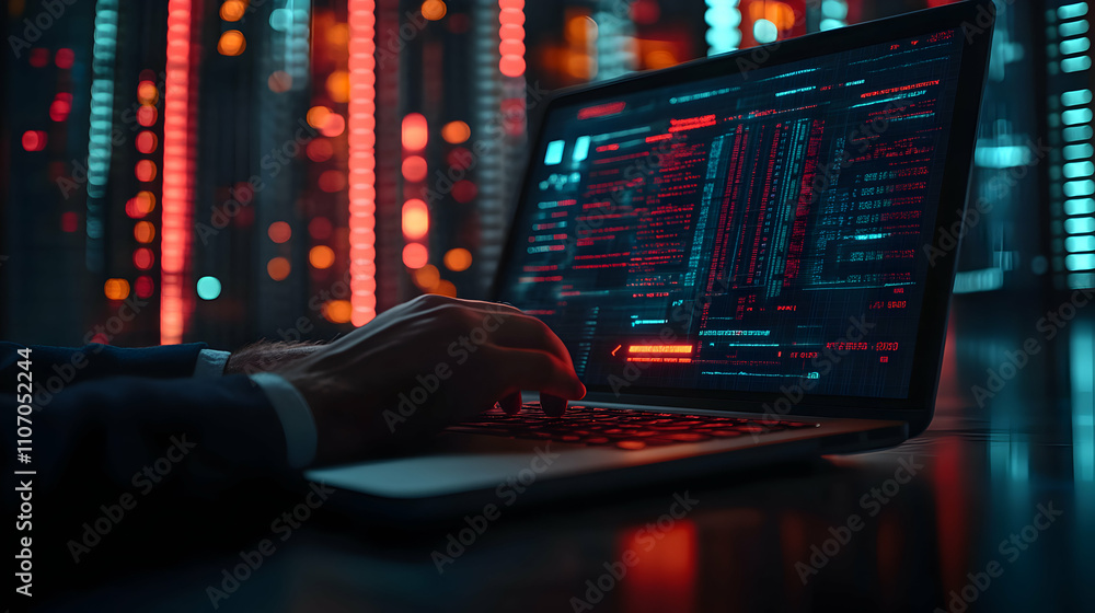 Poster cybersecurity expert codes late night; data streams flow across laptop screen in vibrant hues