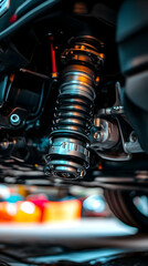Motorcycle Shock Absorber, Detailed Close-up of a High-Performance Suspension Component, Illustrating Complex Engineering and Precise Manufacturing.