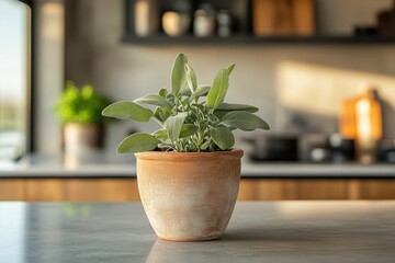 indoor herb garden, a compact sage plant in a clay pot on a sleek kitchen island, complemented by modern interior design