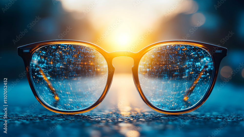 Poster spectacles reflecting digital data at sunset, abstract background image with illuminated grid