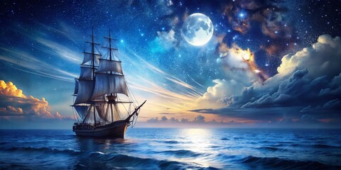 Fototapeta premium Night Photography of a Beautiful Watercolor Painting Depicting a Majestic Sailing Ship Gliding Through the Moonlit Sea, Capturing the Tranquility of the Ocean at Night