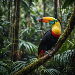 Fototapeta premium A toucan perched in the rainforest with its vivid beak shining.