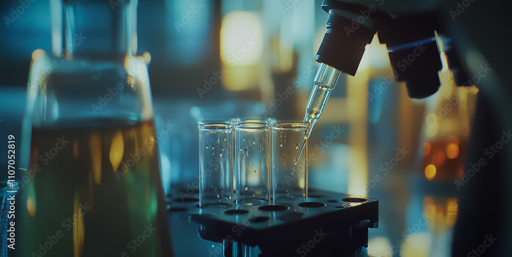 Poster a close-up shot of a pipette precisely dispensing liquid into test tubes in a vibrant lab environmen