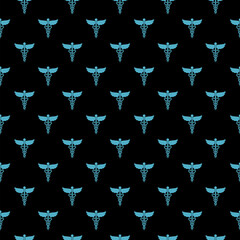 Fototapeta premium Caduceus snake medical symbol icon isolated seamless pattern on black background