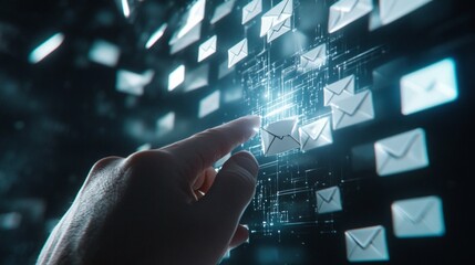 close-up of a finger clicking on a device. In the background many digital envelopes being sent, AI Generative