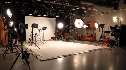 A photography studio equipped with various lighting and camera setups.