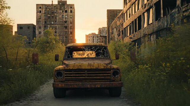 An eerie abandoned city is highlighted by a ruined truck prominently positioned on deteriorating streets